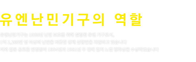 전 세계 난민들을 위한 유엔난민기구의 역할 유엔난민기구는 1950년 유엔 총회 결의로 난민 보호와 난민 문제의 영구적인 해결 방안을 모색하기 위해 설립된 유엔 기구로서, 설립 이래 전 세계적으로 6천만 명이 새로운 삶을 살 수 있도록 지원했습니다.  이와 같은 공로를 인정받아 1954년과 1981년 두 번에 걸쳐 노벨 평화상을 수상하였습니다. 